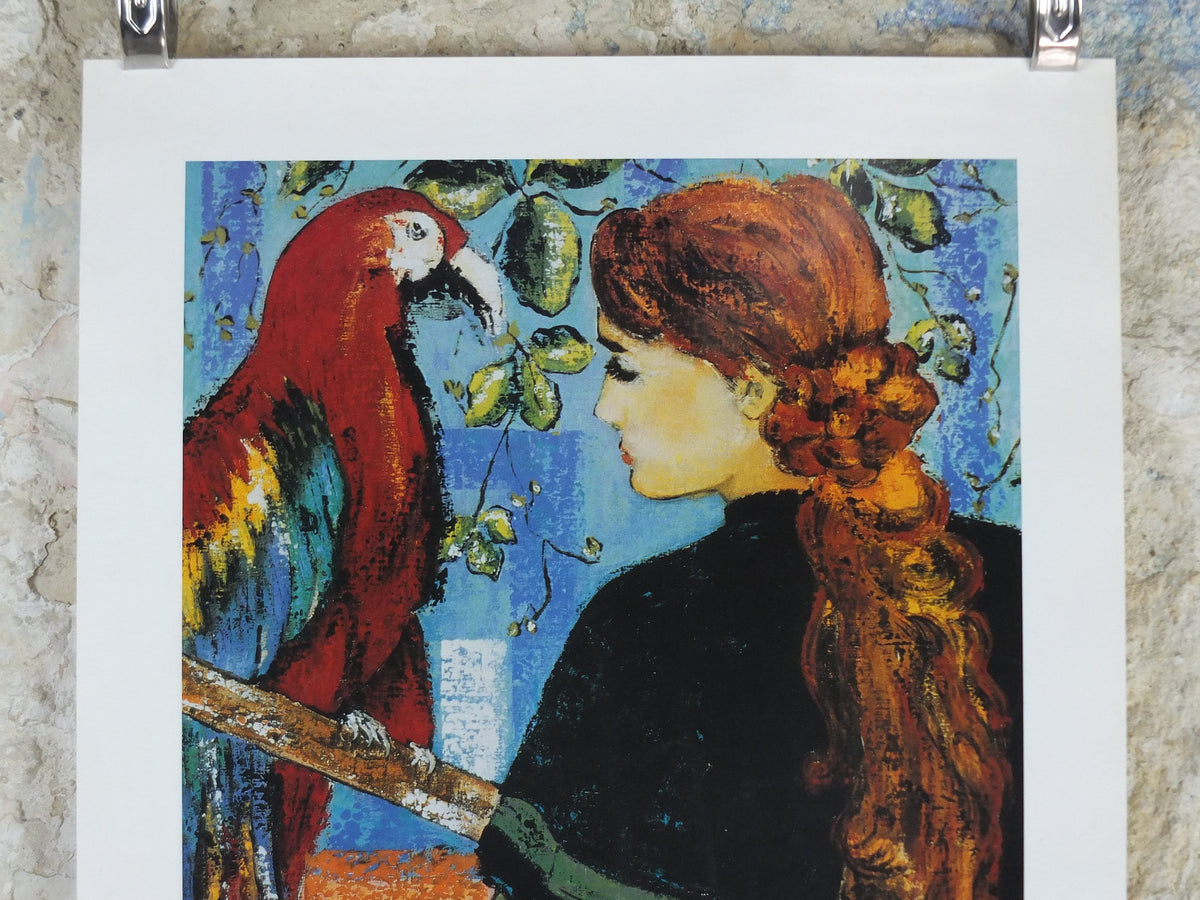 1990 D Chapelle Poster, woman with beautifully coiled, braided hair with brightly coloured parrot, artist gallery exhibition, wall art decor