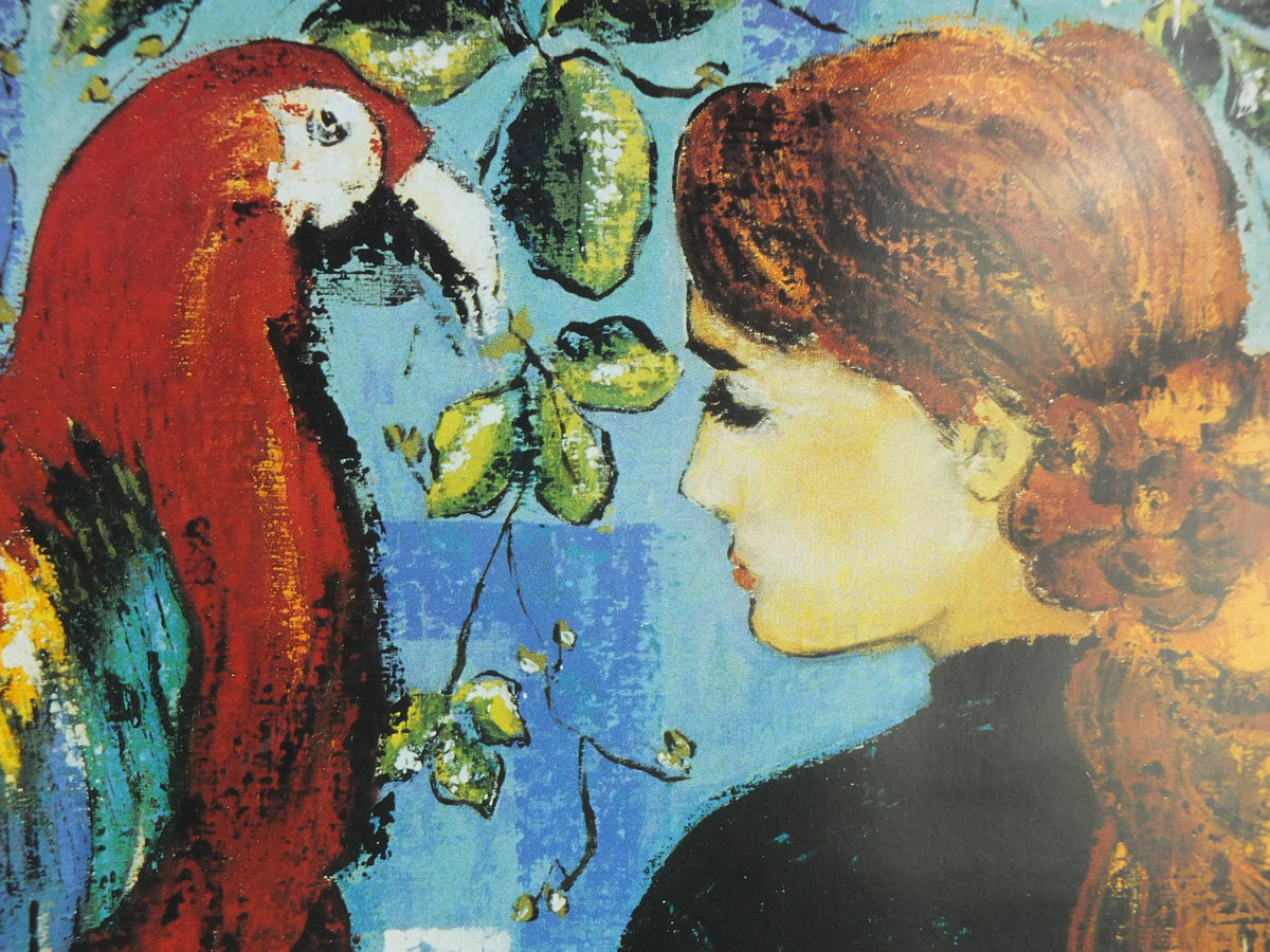 1990 D Chapelle Poster, woman with beautifully coiled, braided hair with brightly coloured parrot, artist gallery exhibition, wall art decor