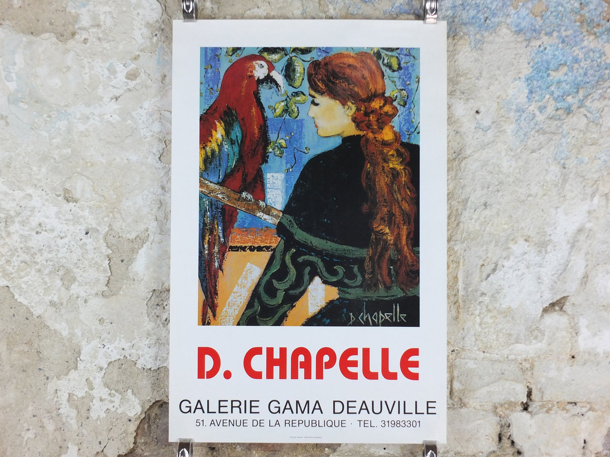 1990 D Chapelle Poster, woman with beautifully coiled, braided hair with brightly coloured parrot, artist gallery exhibition, wall art decor