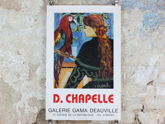 1990 D Chapelle Poster, woman with beautifully coiled, braided hair with brightly coloured parrot, artist gallery exhibition, wall art decor