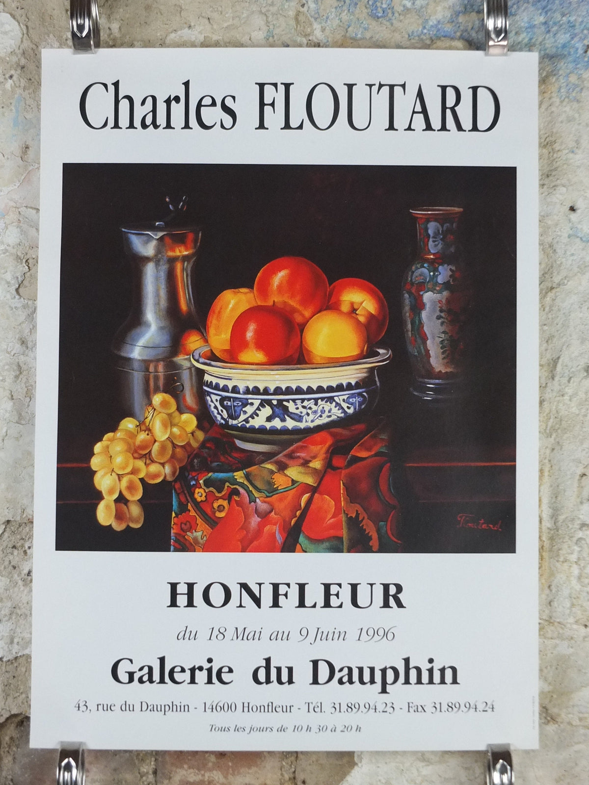 1996 Charles Floutard Poster, still life with peaches, oranges, lemons and apples, artist gallery exhibition, wall art decor