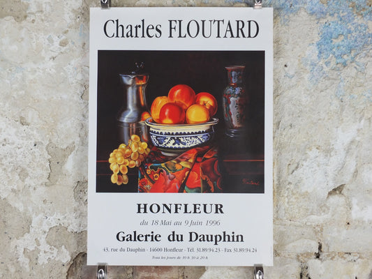 1996 Charles Floutard Poster, still life with peaches, oranges, lemons and apples, artist gallery exhibition, wall art decor