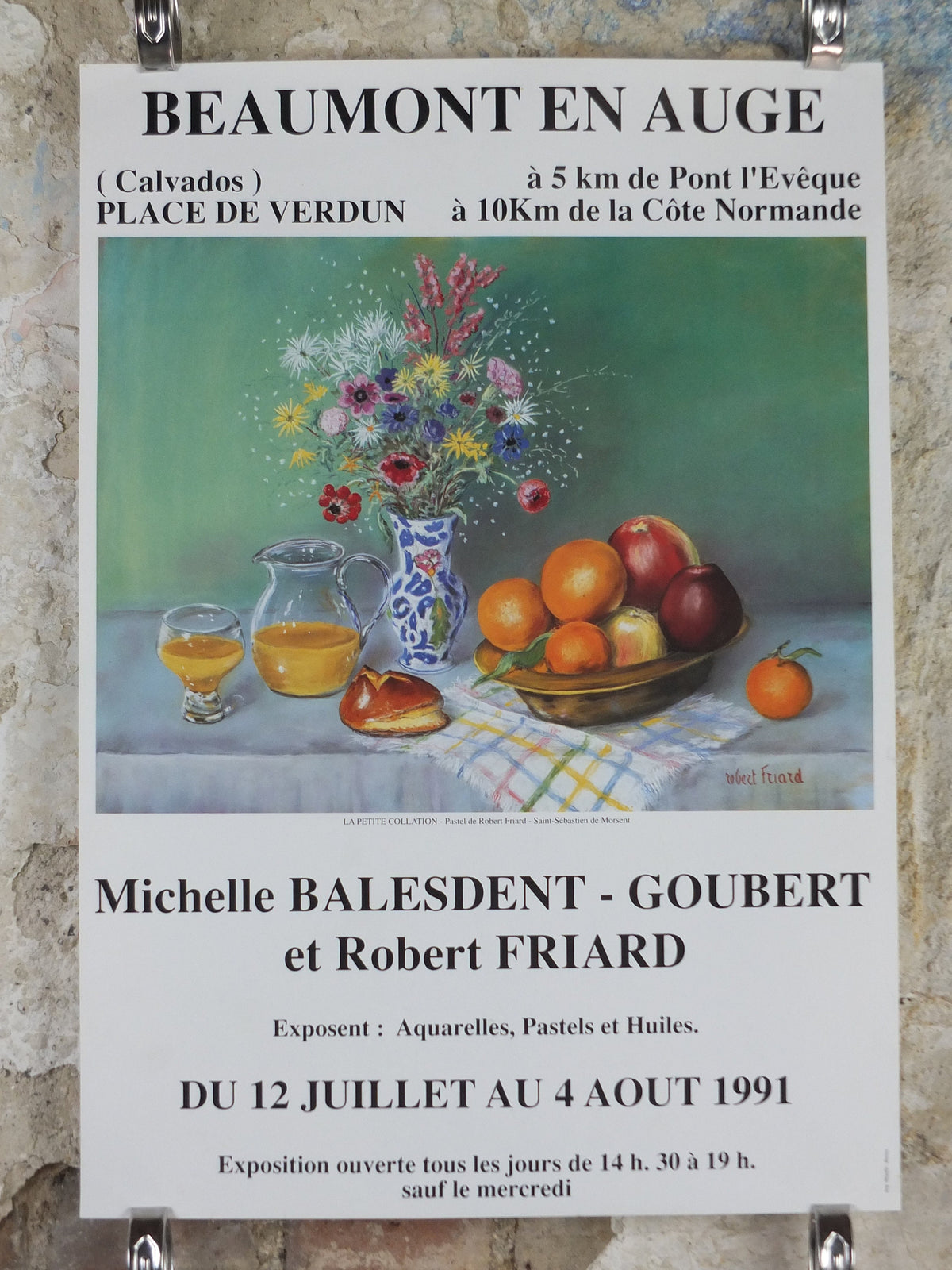 1991 Robert Friard Poster, still life with apples and oranges, and orange juice, artist gallery exhibition, wall art decor