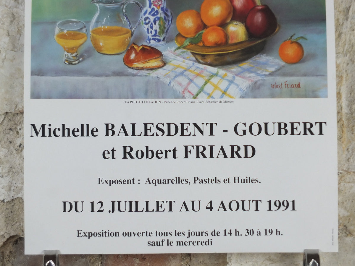 1991 Robert Friard Poster, still life with apples and oranges, and orange juice, artist gallery exhibition, wall art decor