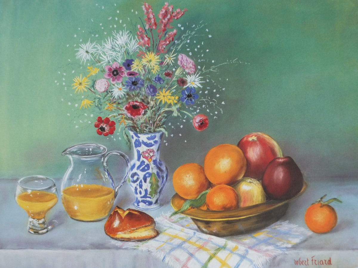 1991 Robert Friard Poster, still life with apples and oranges, and orange juice, artist gallery exhibition, wall art decor