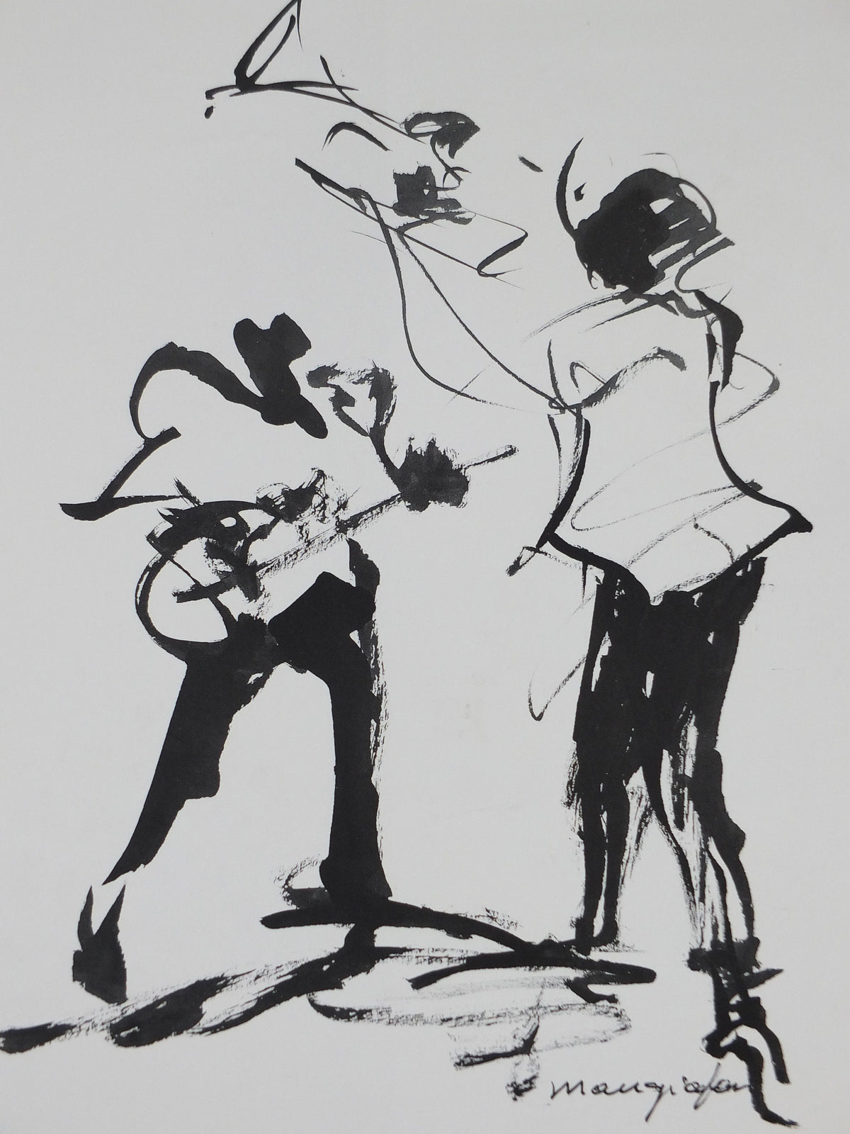 1980s Trumpet and Guitar Poster, Ginette Willers, musical drawing, Honfleur France, artist gallery exhibition, wall art decor