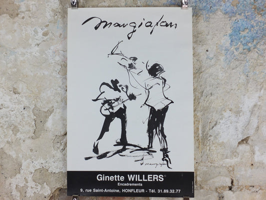 1980s Trumpet and Guitar Poster, Ginette Willers, musical drawing, Honfleur France, artist gallery exhibition, wall art decor