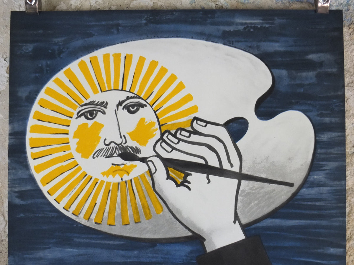 1958 Fornasetti Poster, painted sun on an artist's pallete, Italian luxury brand, artist and designer, advertising retro wall art decor