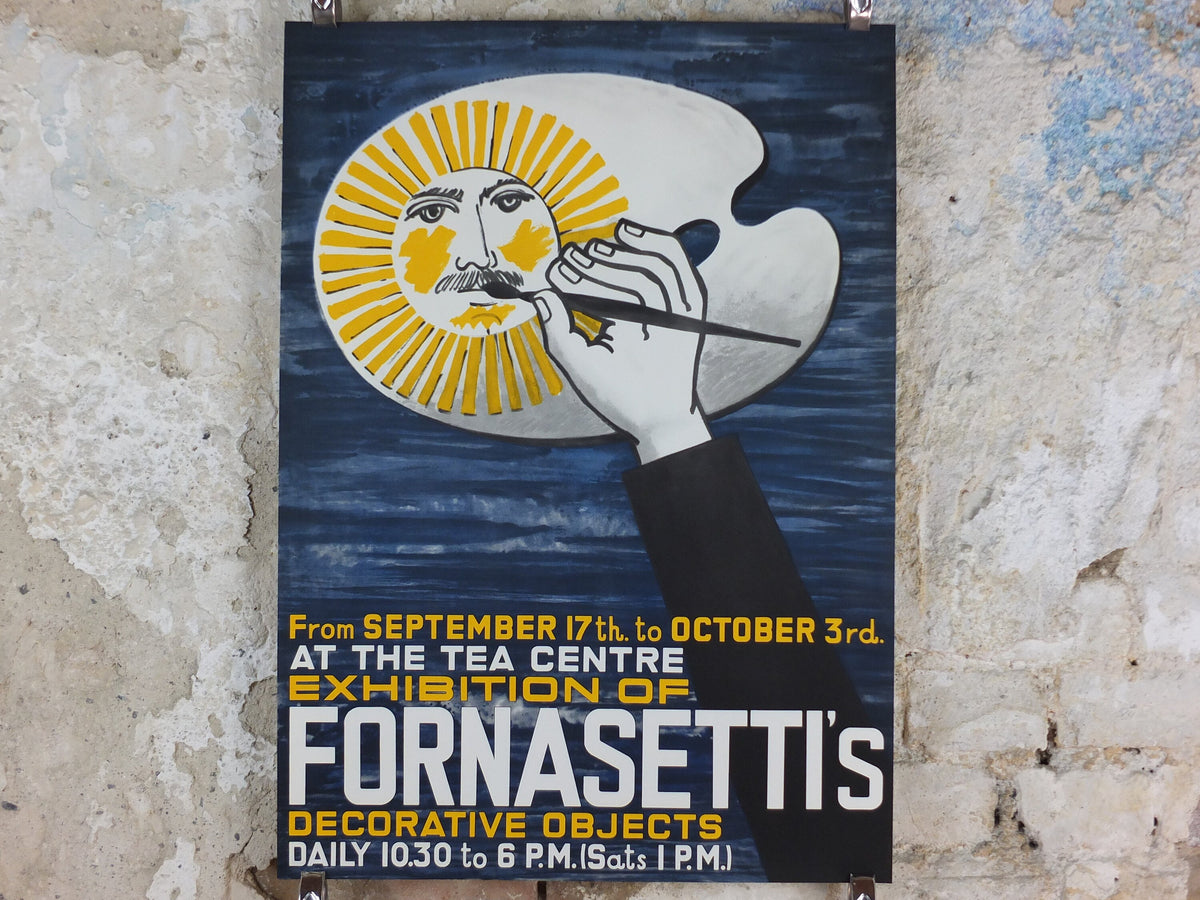 1958 Fornasetti Poster, painted sun on an artist's pallete, Italian luxury brand, artist and designer, advertising retro wall art decor