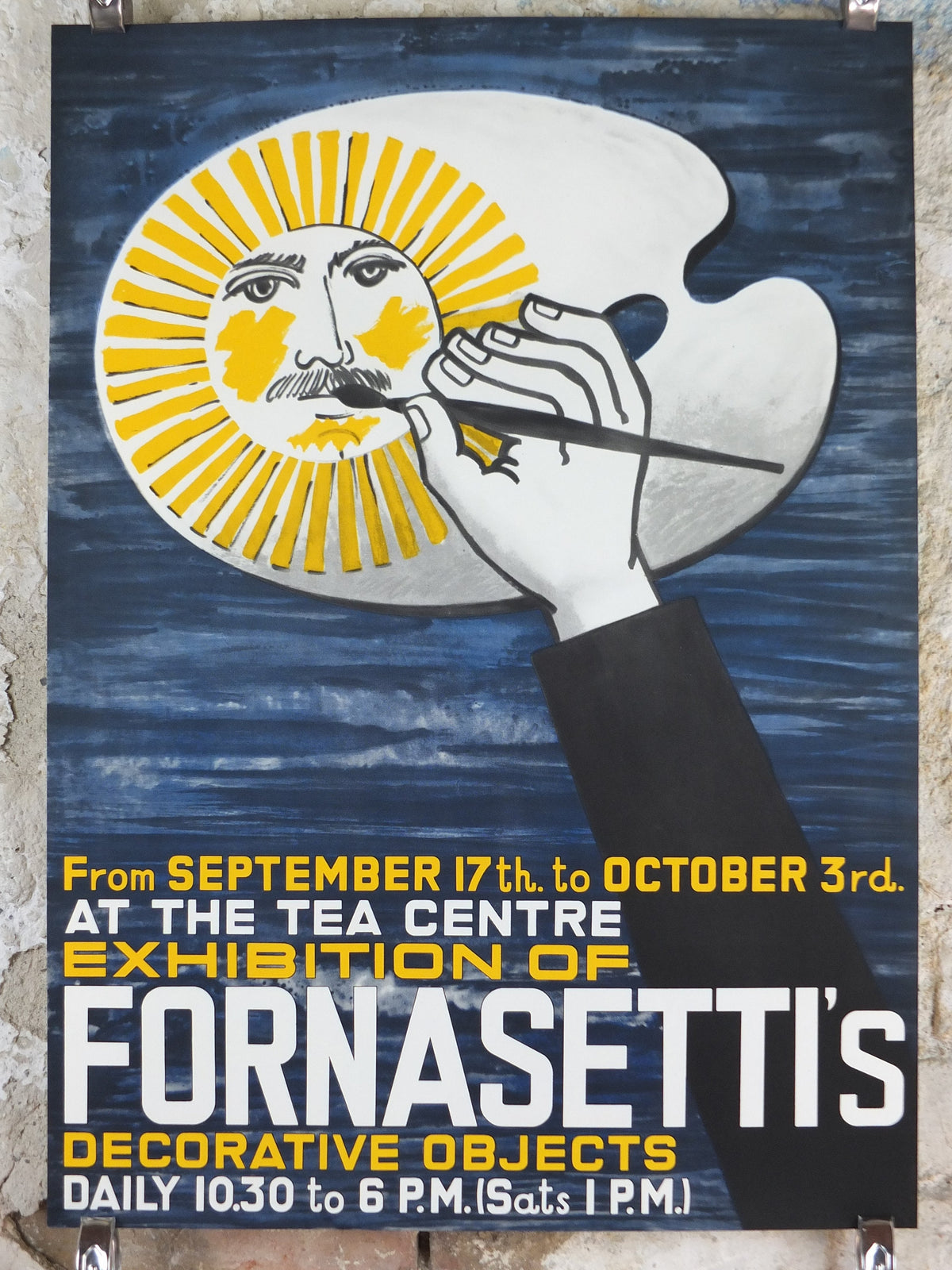 1958 Fornasetti Poster, painted sun on an artist's pallete, Italian luxury brand, artist and designer,  advertising retro wall art decor Piero Fornasetti