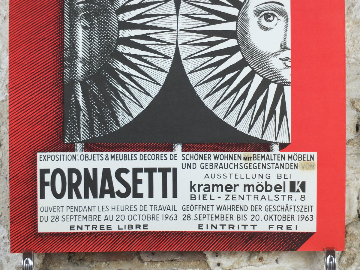 1963 Fornasetti Poster, Sun on ceramic by Piero Fornasetti in red, Italian luxury brand, artist & designer, advertising retro wall art decor