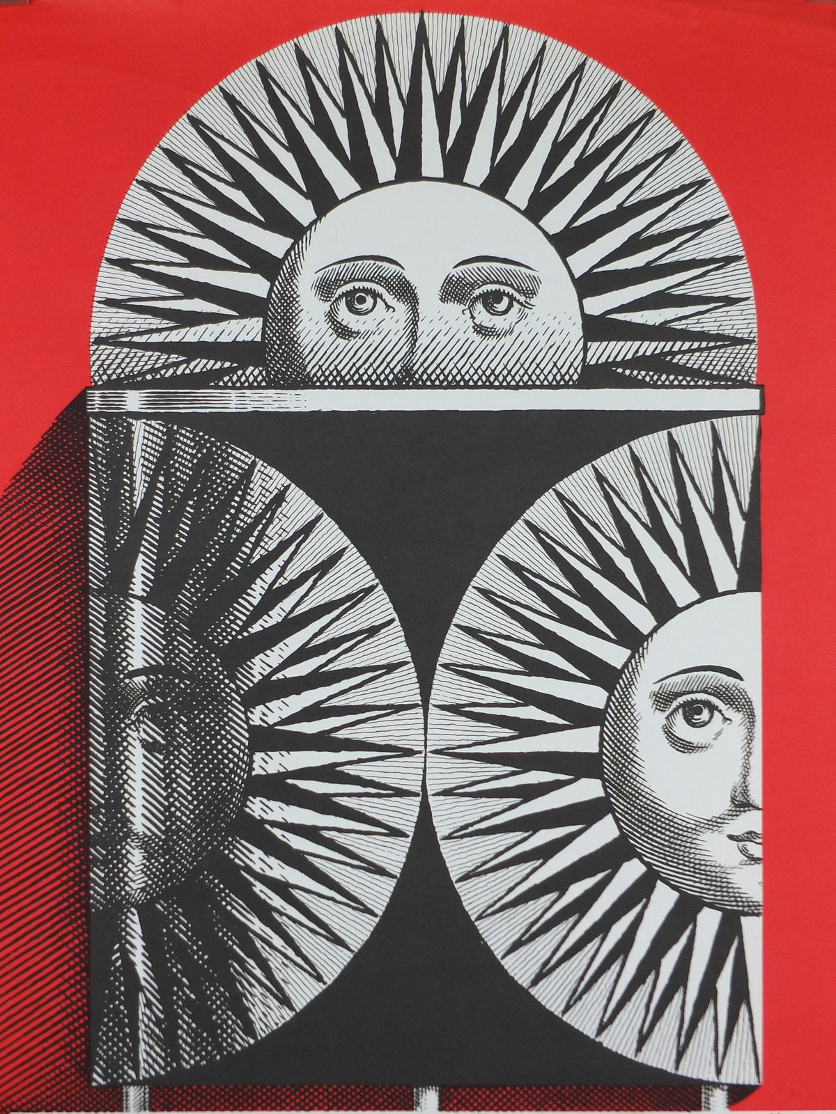 1963 Fornasetti Poster, Sun on ceramic by Piero Fornasetti in red, Italian luxury brand, artist & designer, advertising retro wall art decor