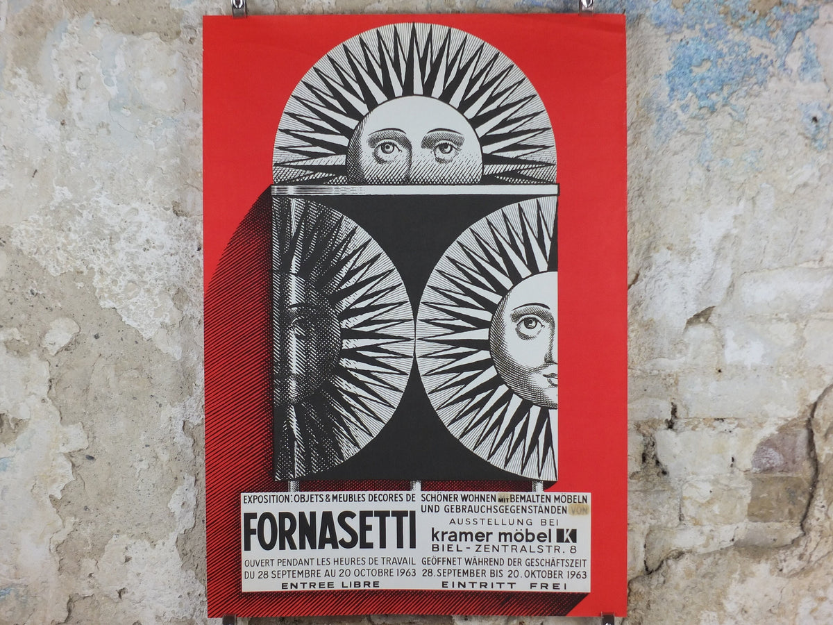 1963 Fornasetti Poster, Sun on ceramic by Piero Fornasetti in red, Italian luxury brand, artist & designer, advertising retro wall art decor