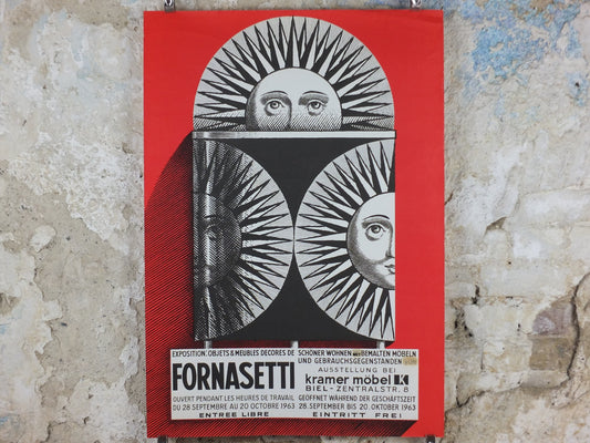 1963 Fornasetti Poster, Sun on ceramic by Piero Fornasetti in red, Italian luxury brand, artist & designer, advertising retro wall art decor
