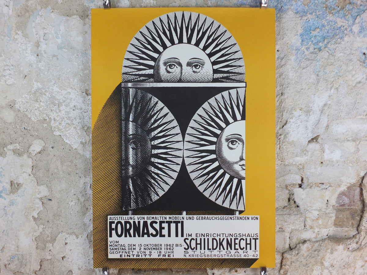 1962 Fornasetti Poster, Sun on ceramic by Piero Fornasetti in yellow, Italian luxury brand, artist & designer, advertising wall art decor