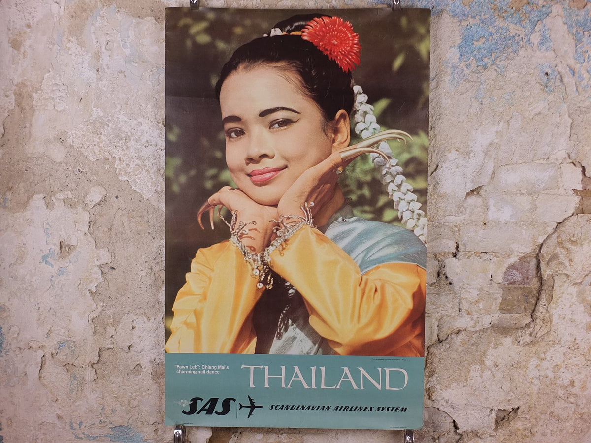 1960s SAS Thailand Travel Poster, Nail Dance of Chiang Mai, Scandanavian Airlines, Fawn Leb, airline advertising, wall art retro decor
