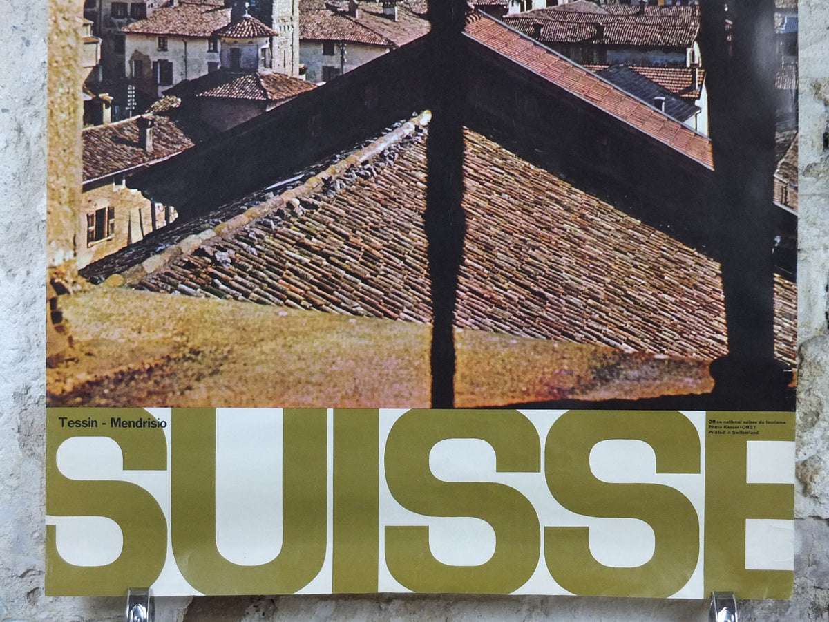 1970s Mendrisio Tessin Poster, Switzerland, church bell over the old town, Suisse Travel poster, Travel tourism vacation wall art decor