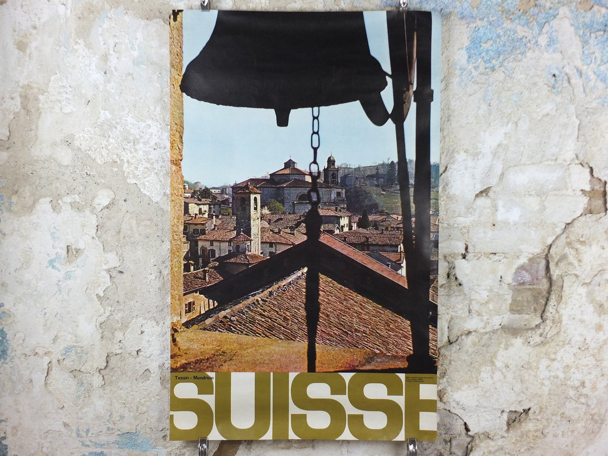 1970s Mendrisio Tessin Poster, Switzerland, church bell over the old town, Suisse Travel poster, Travel tourism vacation wall art decor