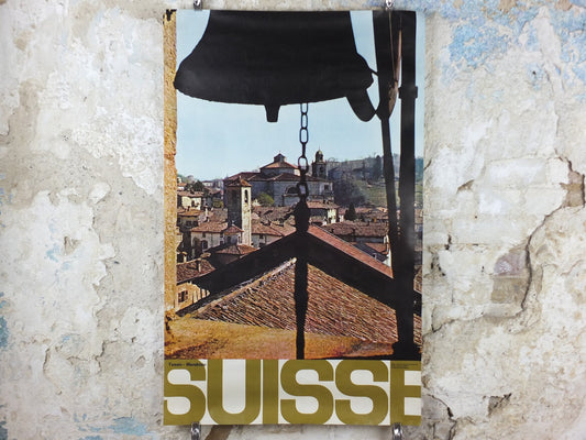 1970s Mendrisio Tessin Poster, Switzerland, church bell over the old town, Suisse Travel poster, Travel tourism vacation wall art decor