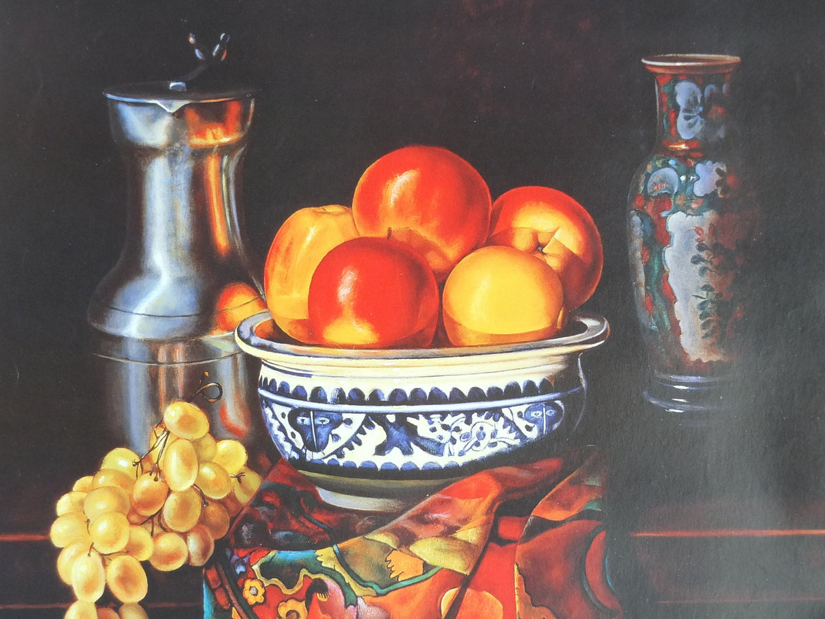 1996 Charles Floutard Poster, still life with peaches, oranges, lemons and apples, artist gallery exhibition, wall art decor