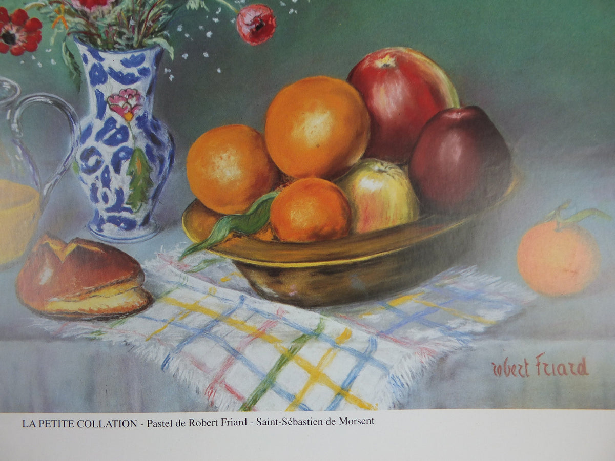 1991 Robert Friard Poster, still life with apples and oranges, and orange juice, artist gallery exhibition, wall art decor