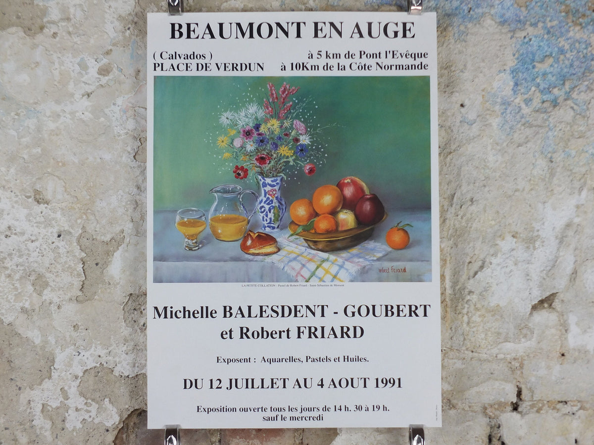 1991 Robert Friard Poster, still life with apples and oranges, and orange juice, artist gallery exhibition, wall art decor