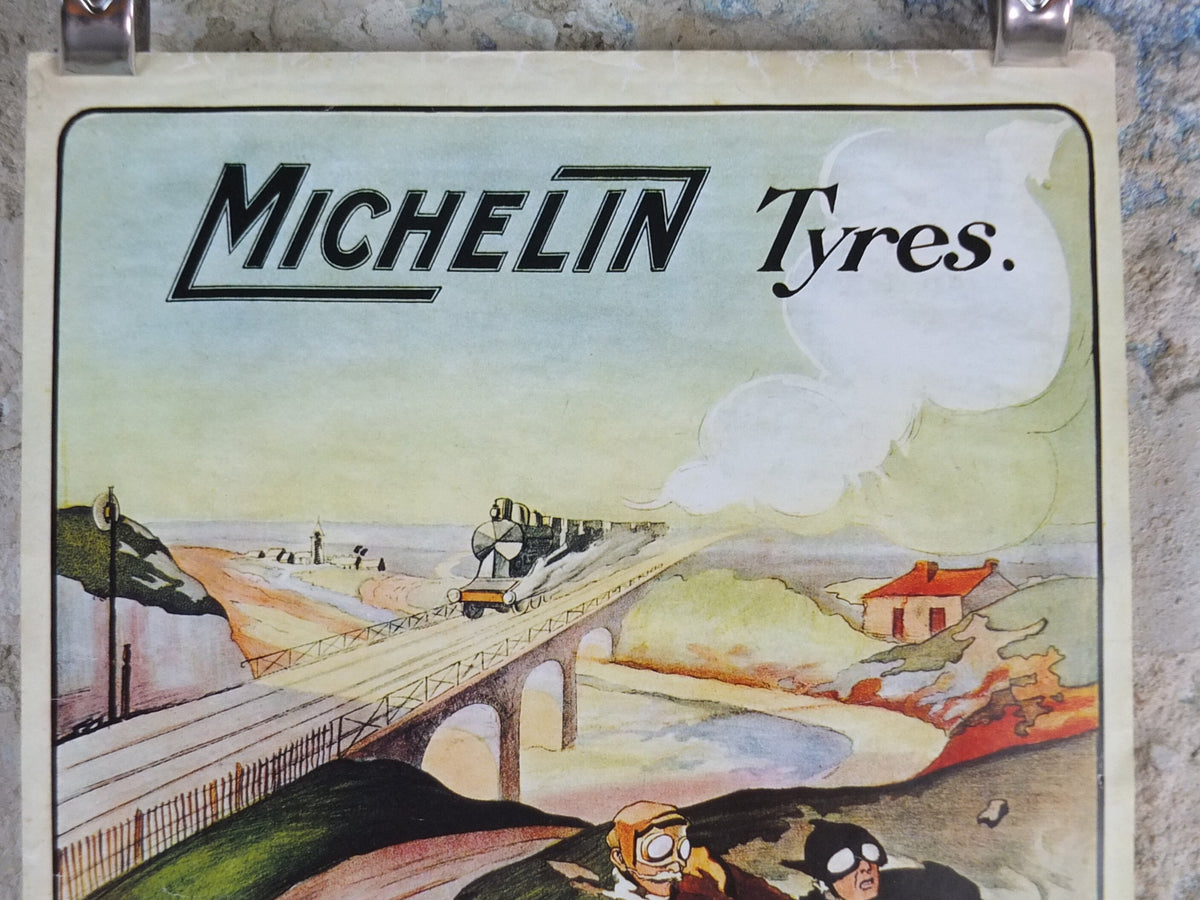 1970s Michelin Tyres Poster, from 1905 by E Montaut, tyre advertising, Faster than Rail!, art deco nouveau Advertising wall art decor