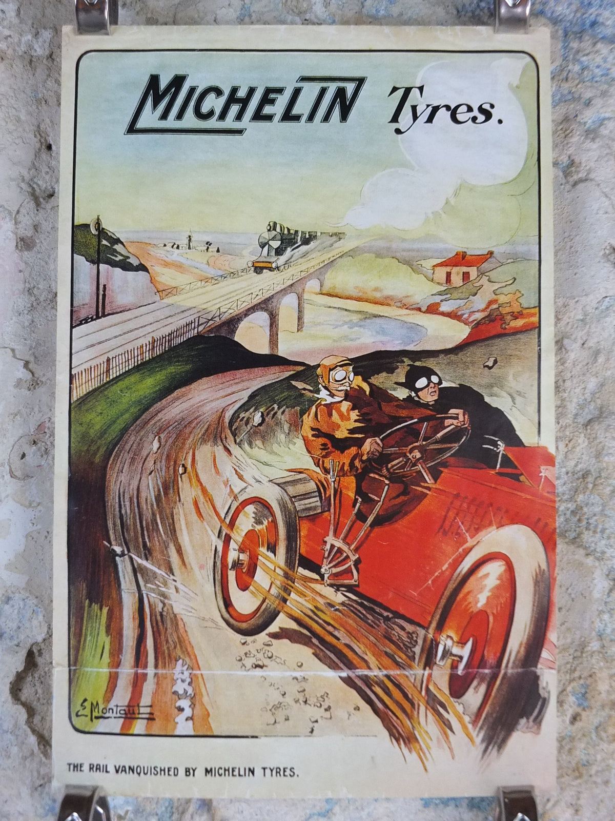 1970s Michelin Tyres Poster, from 1905 by E Montaut, tyre advertising, Faster than Rail!, art deco nouveau Advertising wall art decor