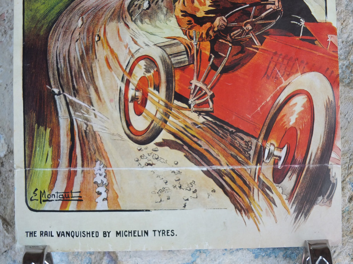 1970s Michelin Tyres Poster, from 1905 by E Montaut, tyre advertising, Faster than Rail!, art deco nouveau Advertising wall art decor