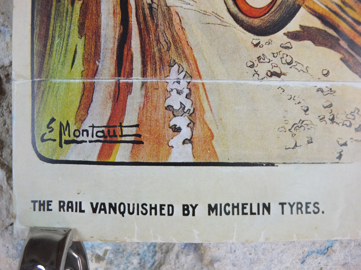 1970s Michelin Tyres Poster, from 1905 by E Montaut, tyre advertising, Faster than Rail!, art deco nouveau Advertising wall art decor
