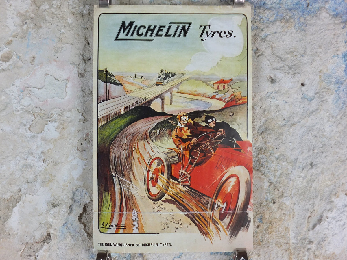 1970s Michelin Tyres Poster, from 1905 by E Montaut, tyre advertising, Faster than Rail!, art deco nouveau Advertising wall art decor