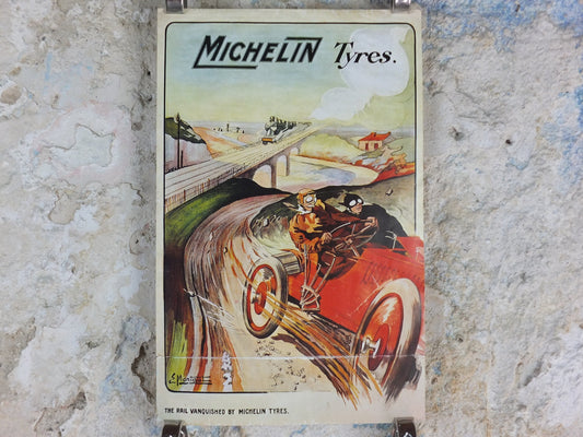 1970s Michelin Tyres Poster, from 1905 by E Montaut, tyre advertising, Faster than Rail!, art deco nouveau Advertising wall art decor