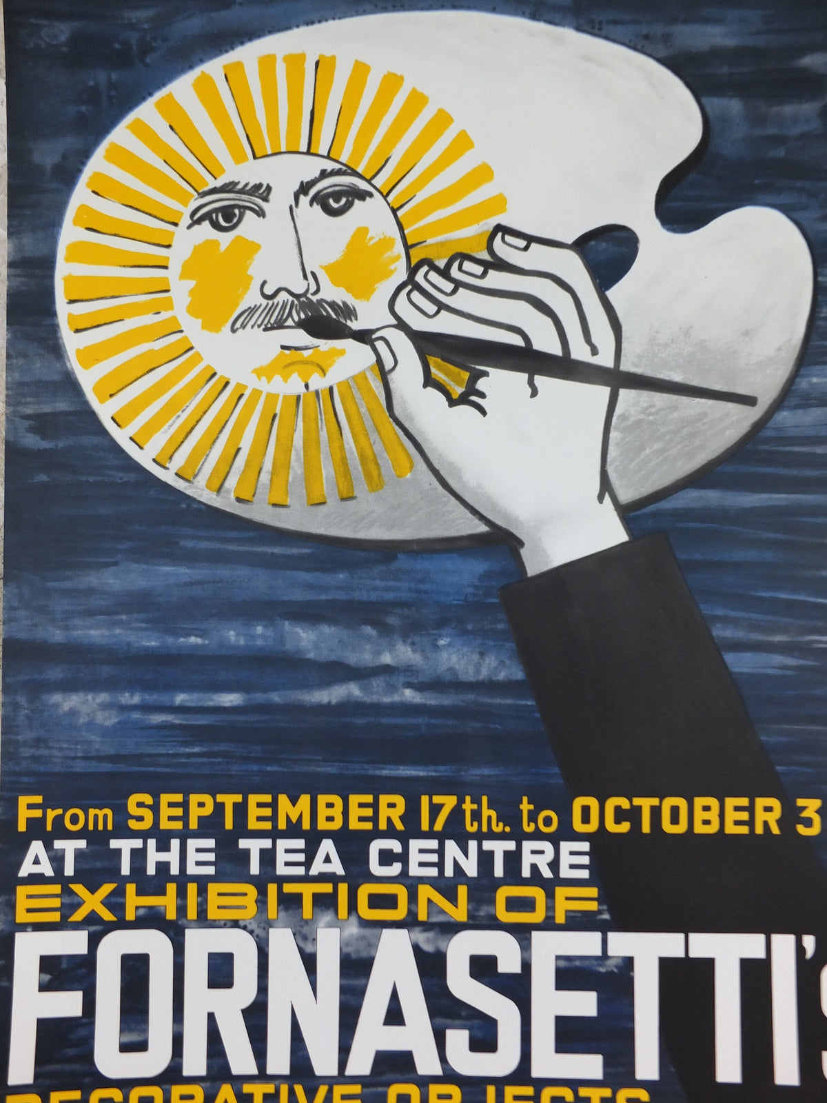 1958 Fornasetti Poster, painted sun on an artist's pallete, Italian luxury brand, artist and designer, advertising retro wall art decor