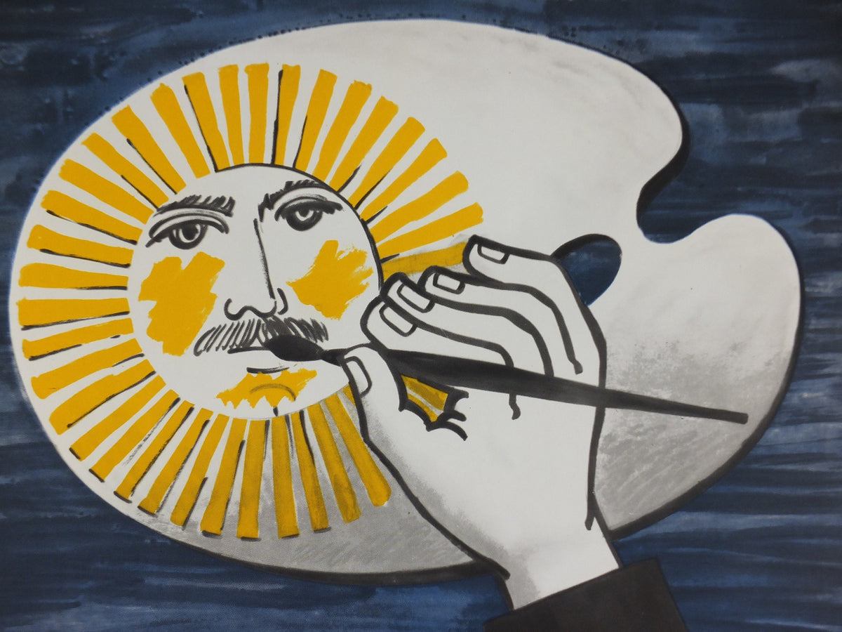 1958 Fornasetti Poster, painted sun on an artist's pallete, Italian luxury brand, artist and designer, advertising retro wall art decor