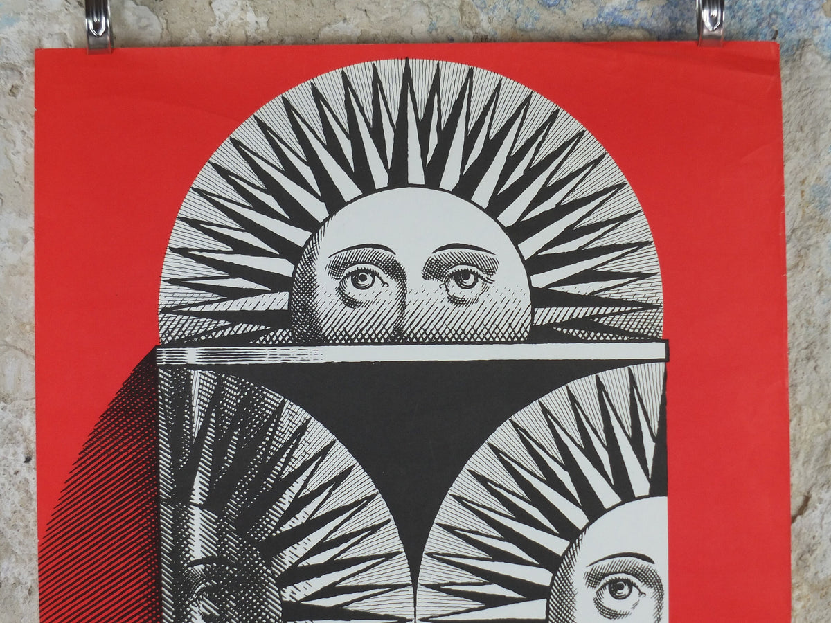 1963 Fornasetti Poster, Sun on ceramic by Piero Fornasetti in red, Italian luxury brand, artist & designer, advertising retro wall art decor