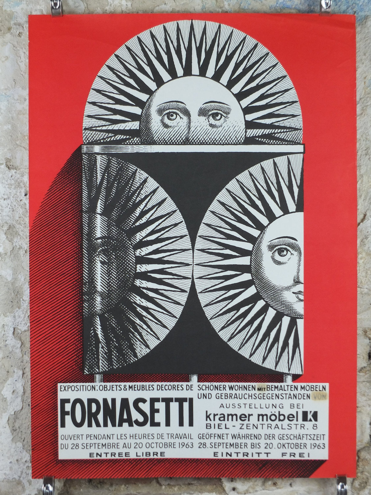 1963 Fornasetti Poster, Sun on ceramic by Piero Fornasetti in red, Italian luxury brand, artist & designer, advertising retro wall art decor