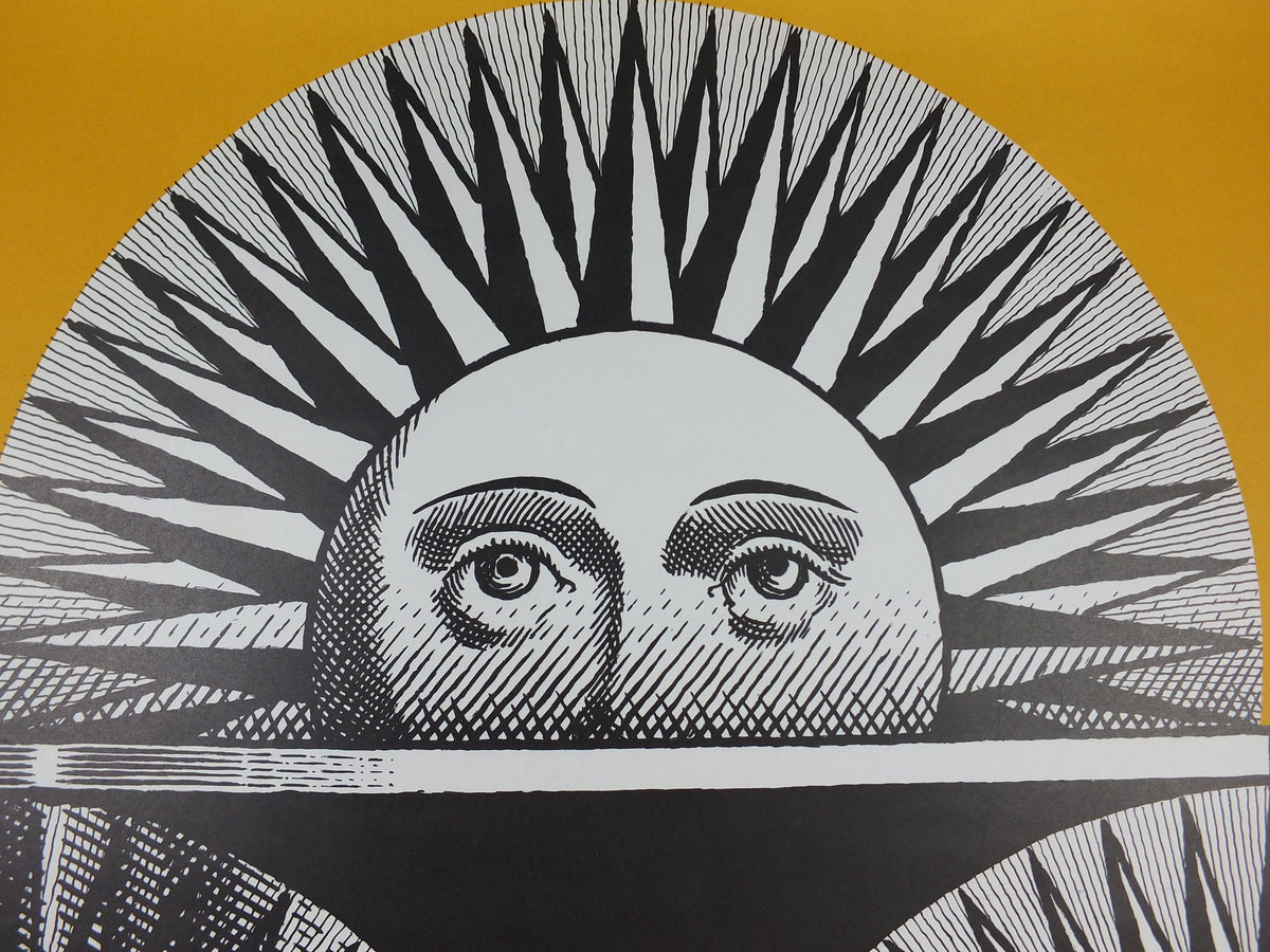 1962 Fornasetti Poster, Sun on ceramic by Piero Fornasetti in yellow, Italian luxury brand, artist & designer, advertising wall art decor