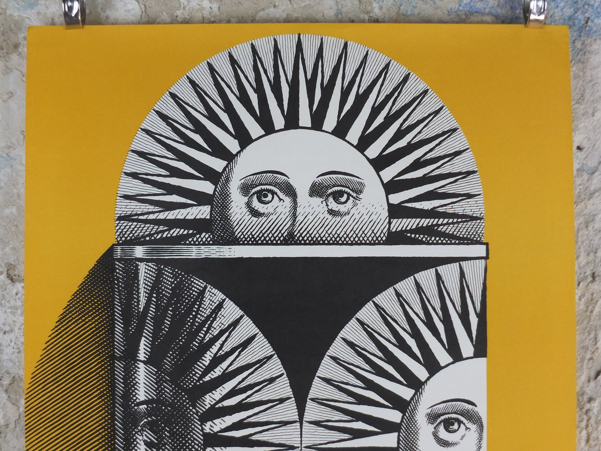 1962 Fornasetti Poster, Sun on ceramic by Piero Fornasetti in yellow, Italian luxury brand, artist & designer, advertising wall art decor
