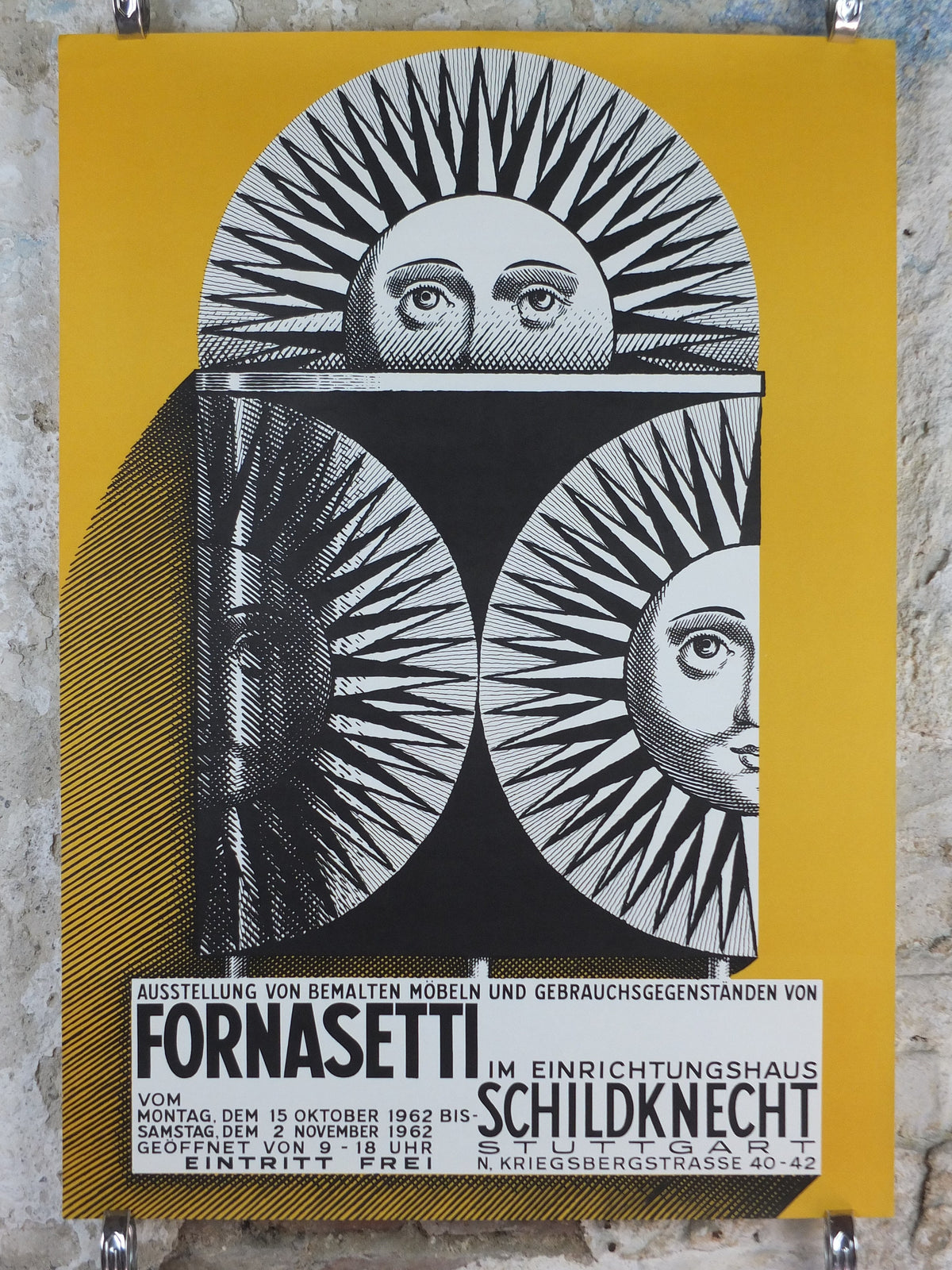 1962 Fornasetti Poster, Sun on ceramic by Piero Fornasetti in yellow, Italian luxury brand, artist & designer, advertising wall art decor