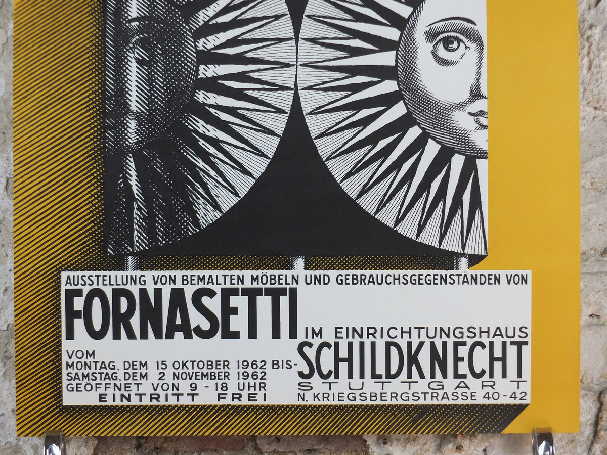 1962 Fornasetti Poster, Sun on ceramic by Piero Fornasetti in yellow, Italian luxury brand, artist & designer, advertising wall art decor