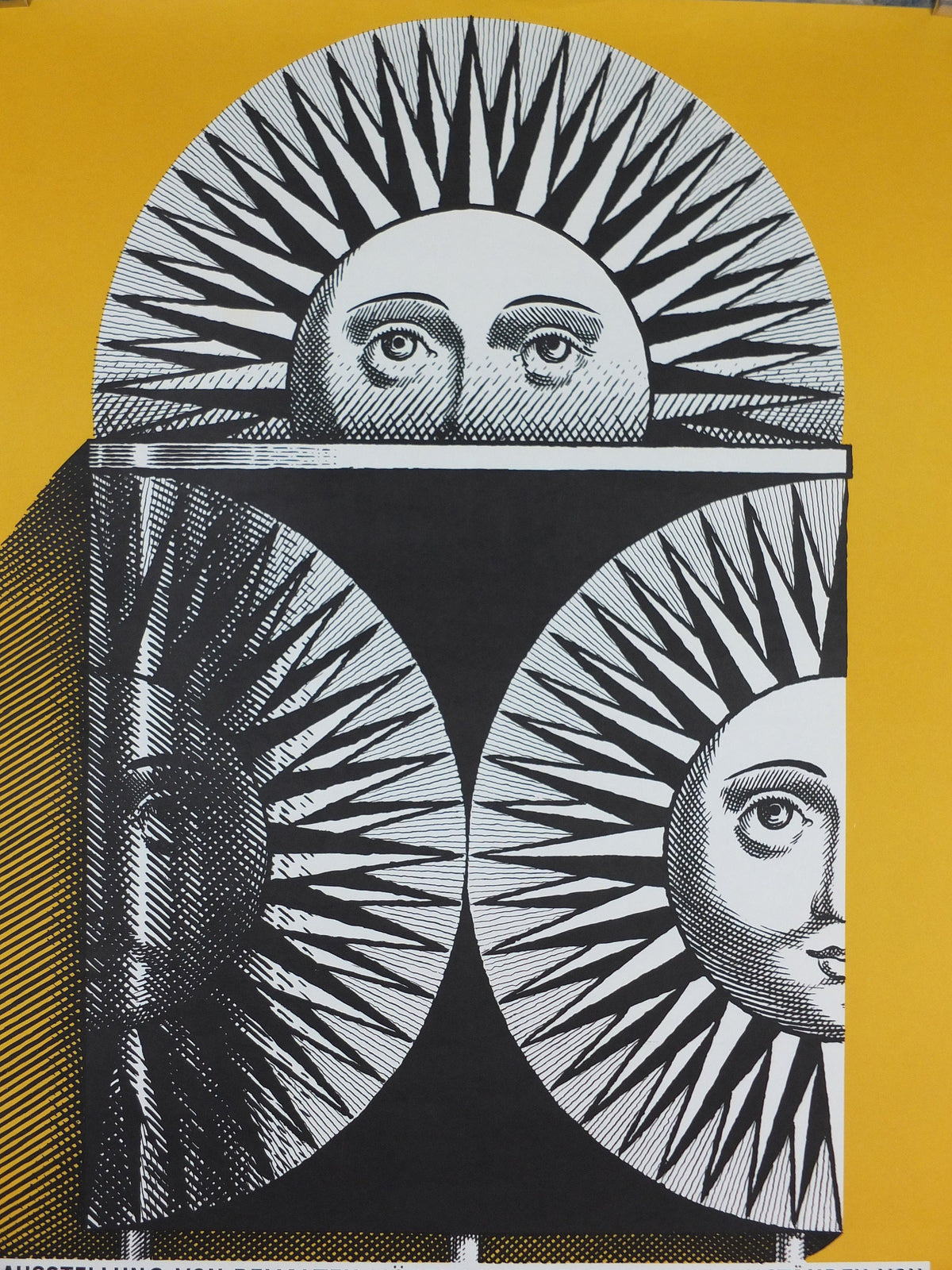 1962 Fornasetti Poster, Sun on ceramic by Piero Fornasetti in yellow, Italian luxury brand, artist & designer, advertising wall art decor