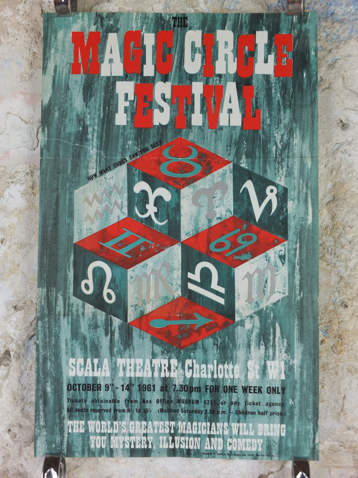 1961 The Magic Circle Festival Poster, The World's Greatest Magicians, Scala Theatre, London, wall art decor