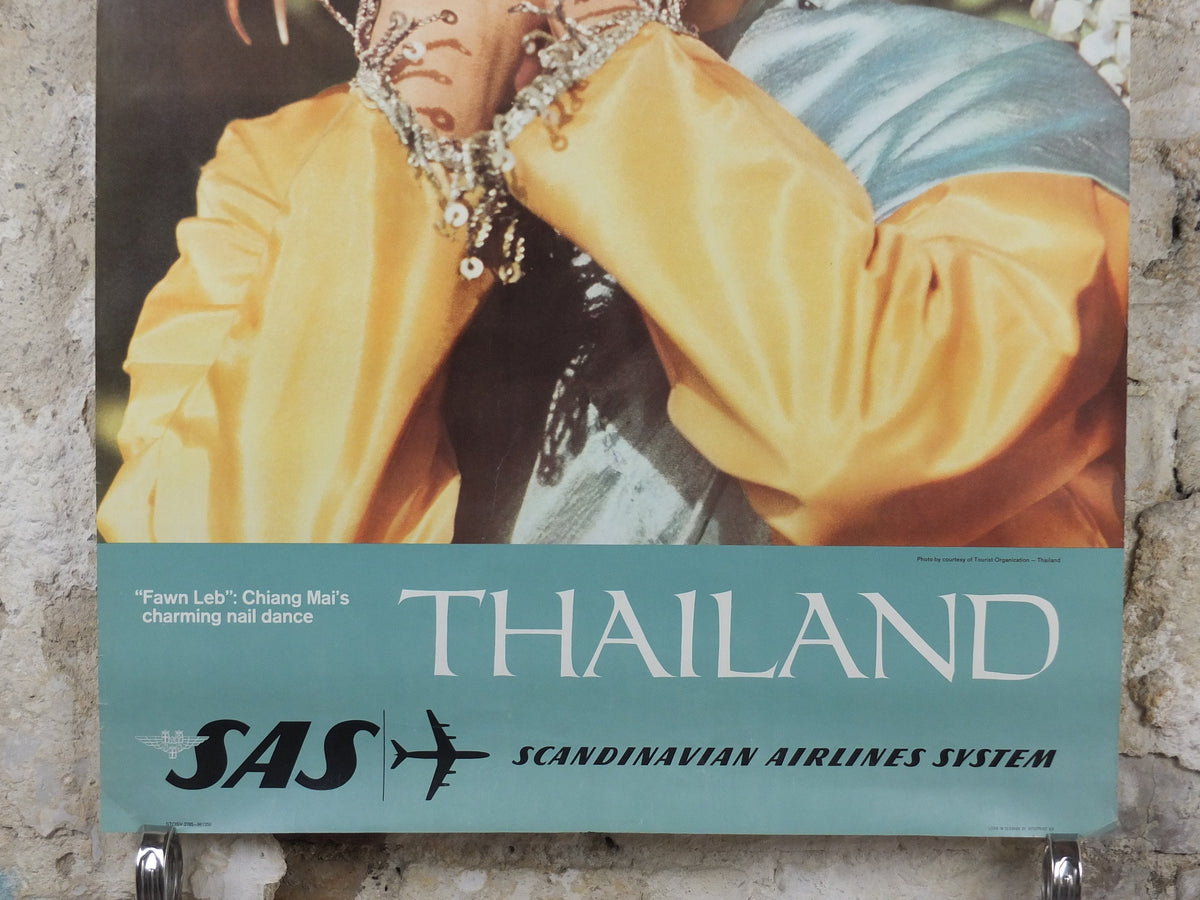 1960s SAS Thailand Travel Poster, Nail Dance of Chiang Mai, Scandanavian Airlines, Fawn Leb, airline advertising, wall art retro decor