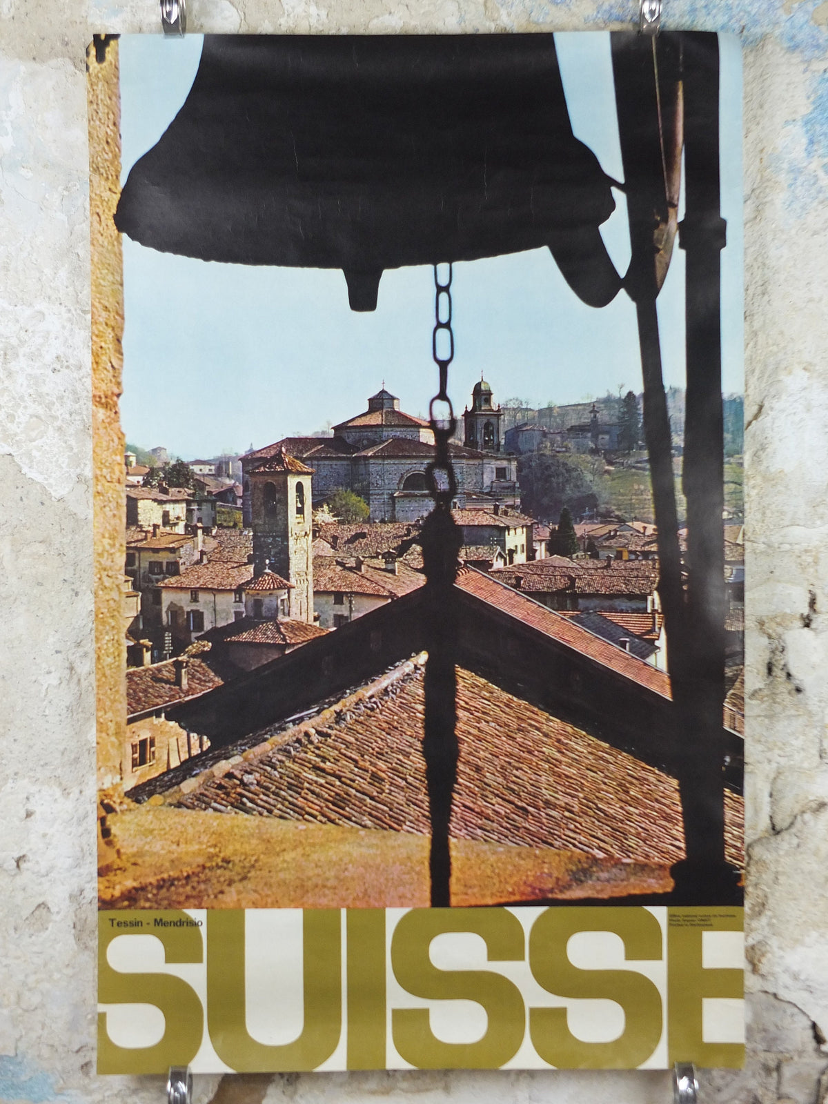 1970s Mendrisio Tessin Poster, Switzerland, church bell over the old town, Suisse Travel poster, Travel tourism vacation wall art decor