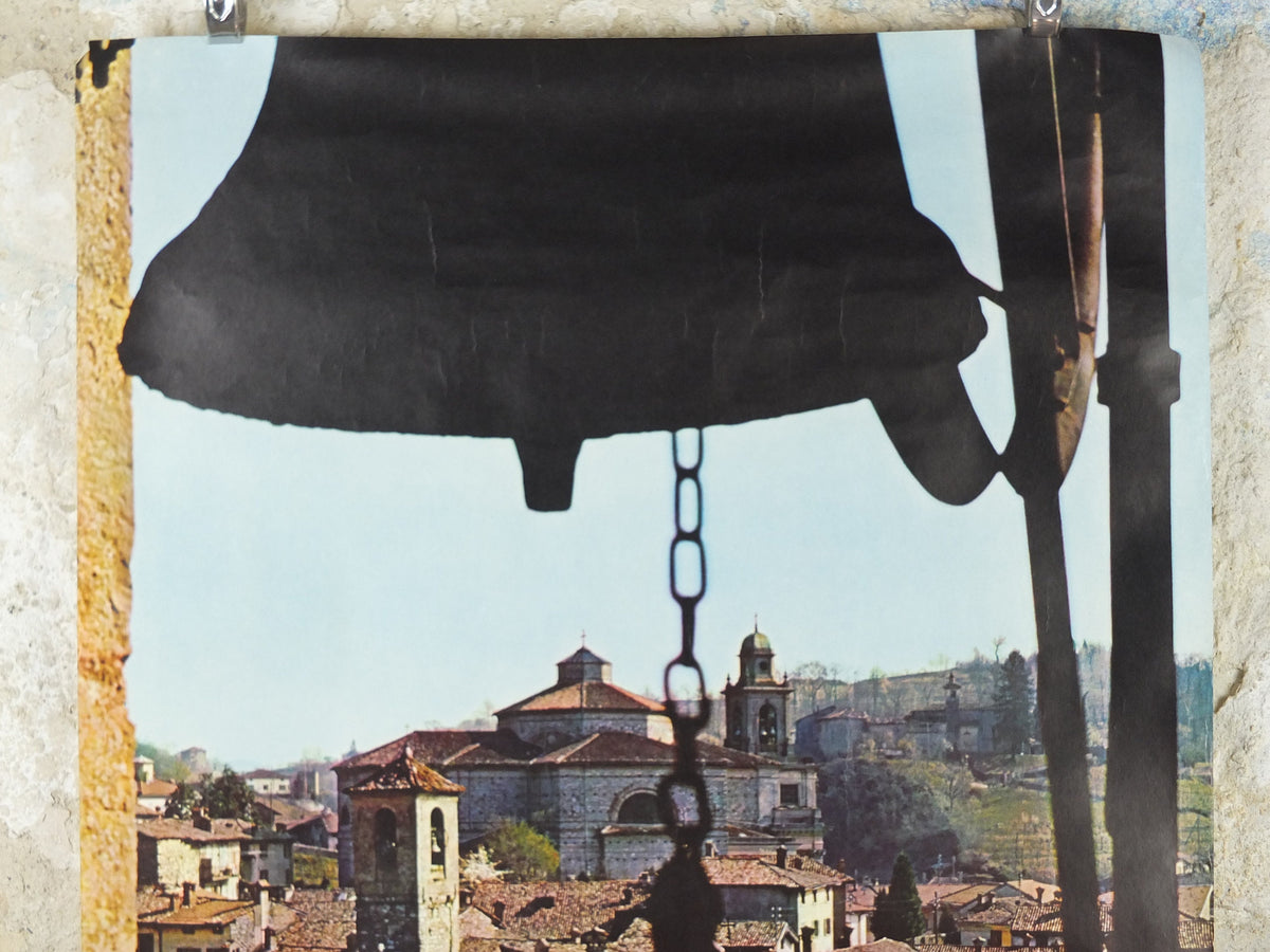 1970s Mendrisio Tessin Poster, Switzerland, church bell over the old town, Suisse Travel poster, Travel tourism vacation wall art decor