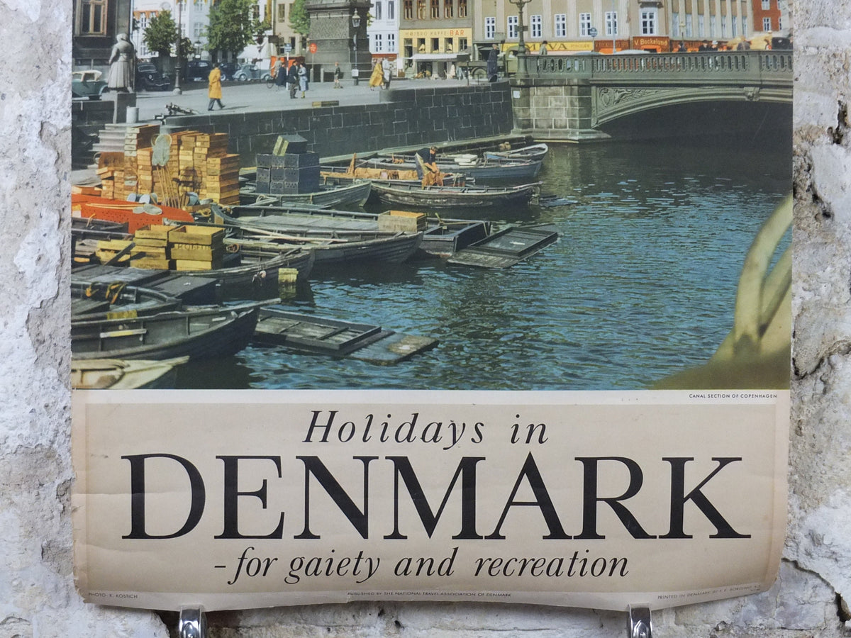 1953 Copenhagen Poster, Holidays in Denmark for gaiety and recreation, canals, Danish Tourist office, Travel tourism vacation wall art decor