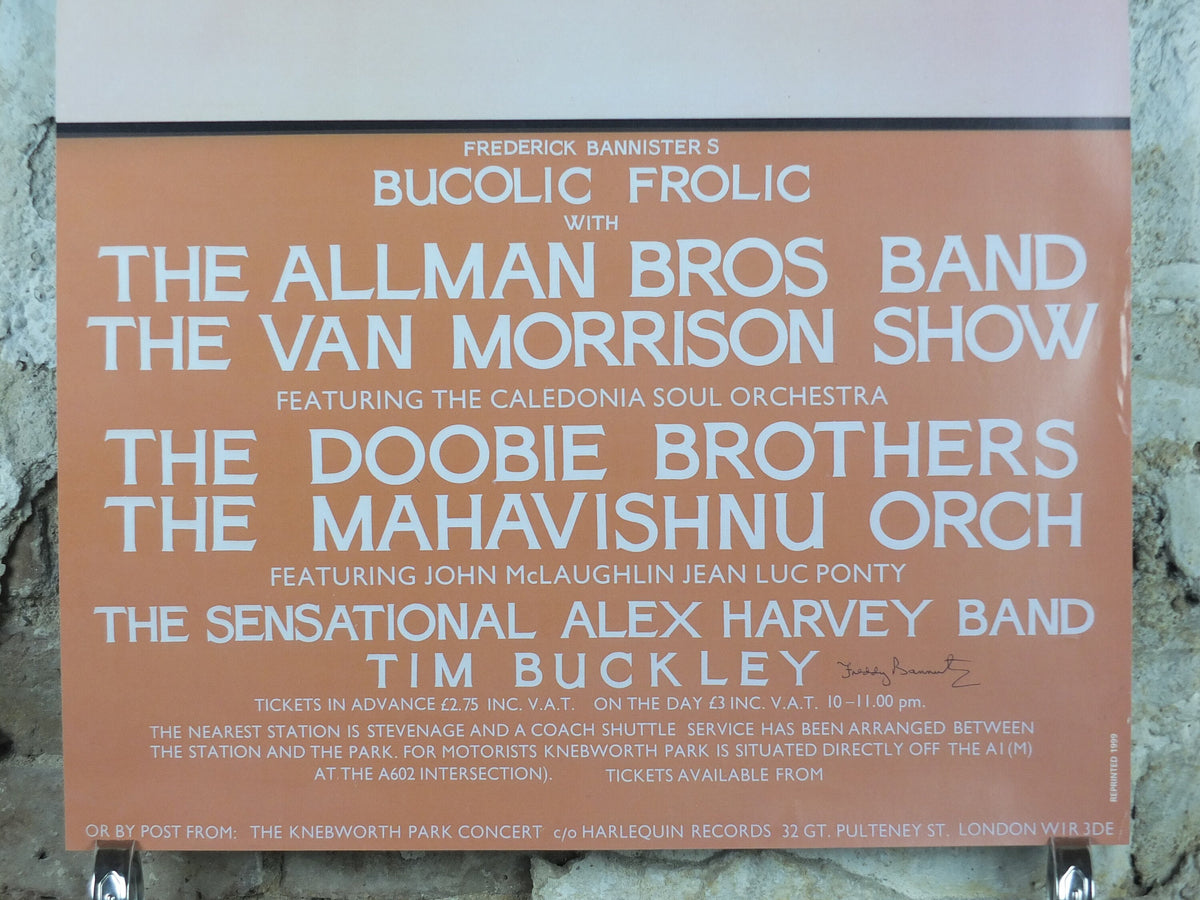 1974 Knebworth Park Concert Poster, Van Morrison, Bucolic Frolic, Signed by Freddy Bannister, 1999 reprint, Psychedelic rock music, wall art