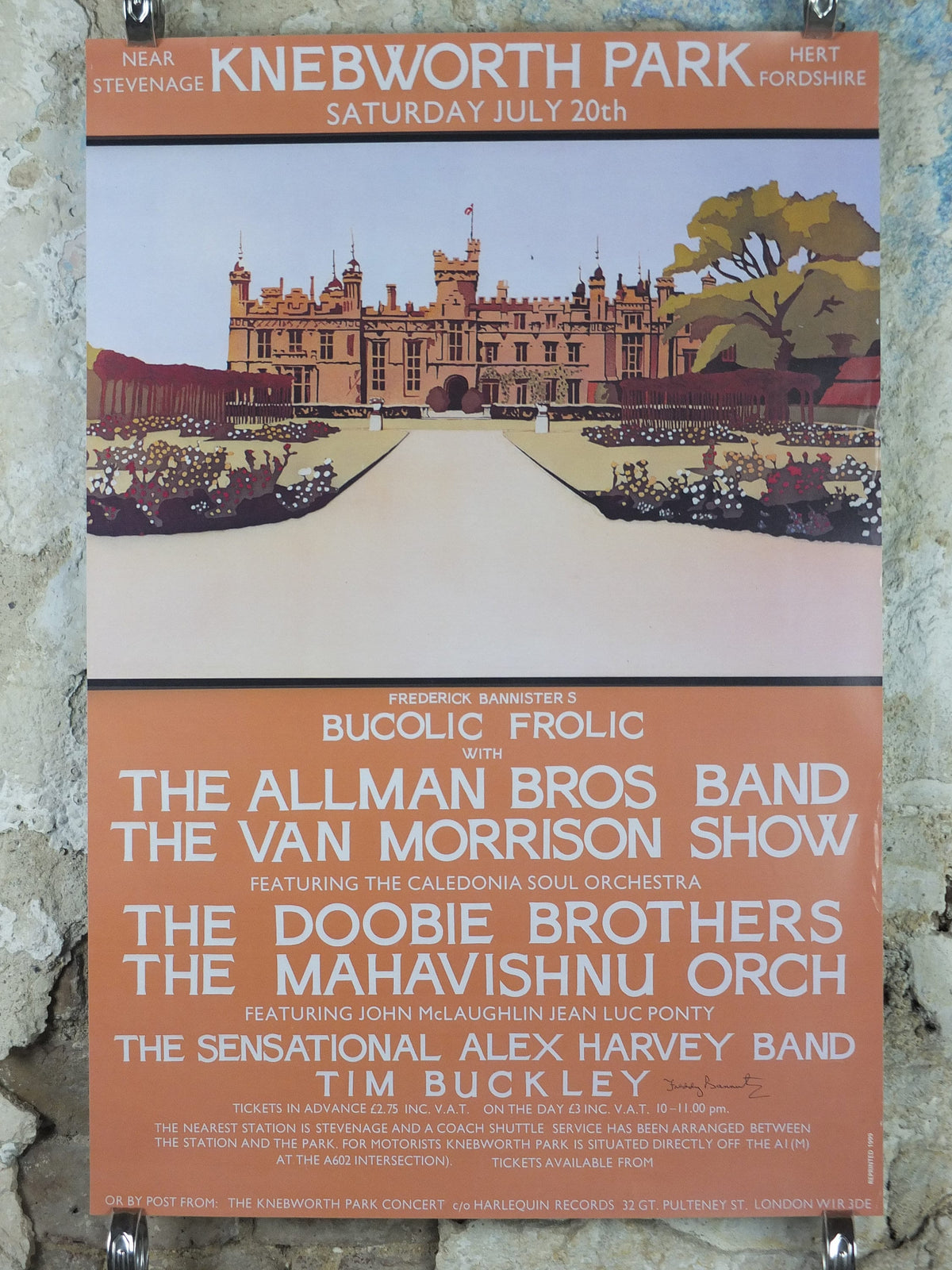 1974 Knebworth Park Concert Poster, Van Morrison, Bucolic Frolic, Signed by Freddy Bannister, 1999 reprint, Psychedelic rock music, wall art
