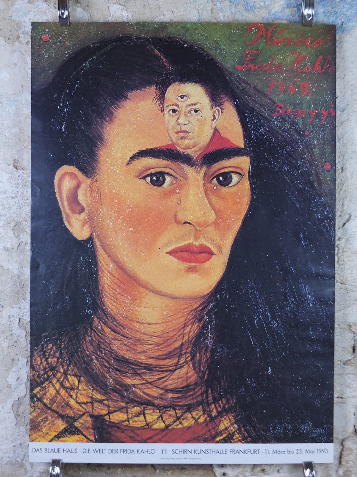 1993 Frida Kahlo Poster, "Diego and Me" or "Diego y yo" 1949 self portrait with husband, Surrealism Naive, gallery exhibition wall art decor