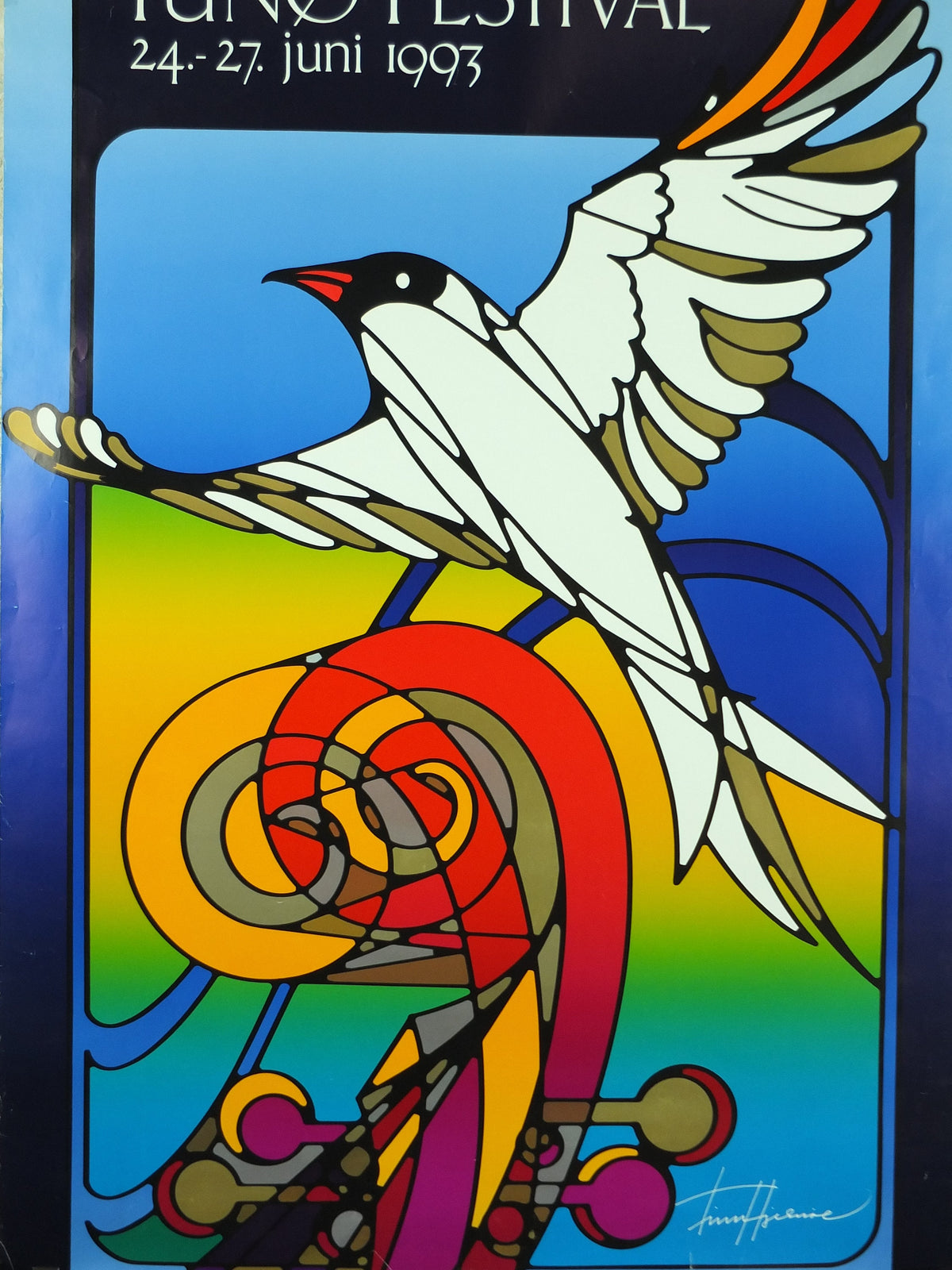 1993 Tunø Music Festival Poster, Seagull on a Bass in stained glass, a Danish island in the Kattegat, music, wall art decor